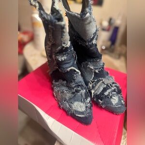 AKIRA Distressed Denim Ankle Boots